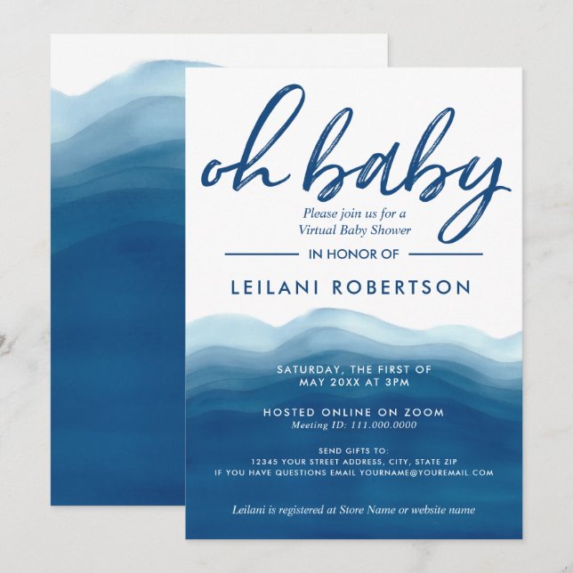Invitation Baby shower d'aquarelle Virtual Oh Baby Blue Ombre (Devant / Derrière)