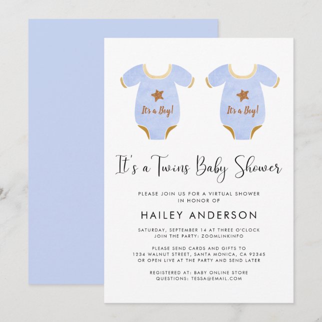 Invitation Baby shower d'aquarelle Virtual Twin Boys (Devant / Derrière)