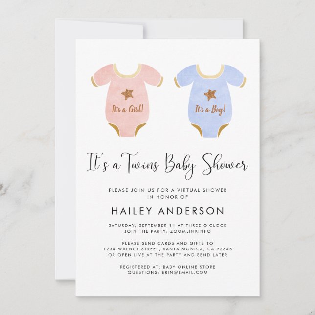 Invitation Baby shower d'aquarelle Virtual Twin Girl Boy (Devant)
