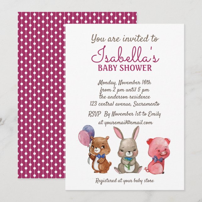 Invitation Baby shower d'Aquarelles mignonnes (Devant / Derrière)