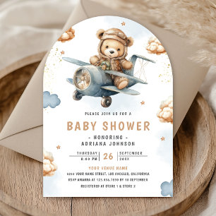 Invitation Baby shower d'arc d'avion bleu Teddy Bear neutre