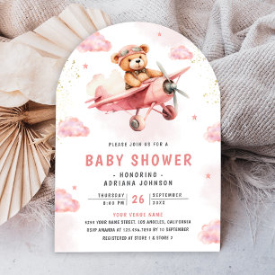 Invitation Baby shower d'arc d'avion rose Teddy Bear
