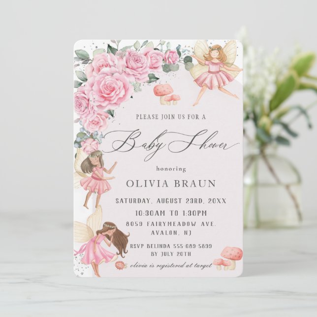Invitation Baby shower d'arc de fées Roses rose (Debout devant)