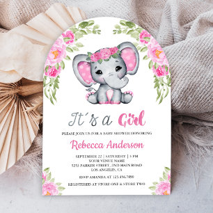 Invitation Baby shower d'arc d'éléphant rose pâle