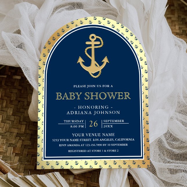 Invitation Baby shower d'arche d'Ancre en or bleu marine (Créateur téléchargé)