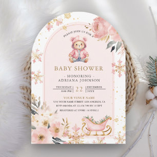 Invitation Baby shower d'arche d'ours en peluche d'hiver rose
