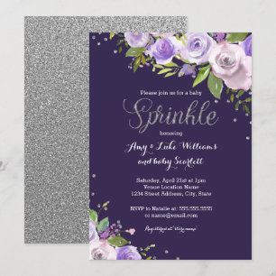 Invitation Baby shower d'arête fleurie pourpre en argent
