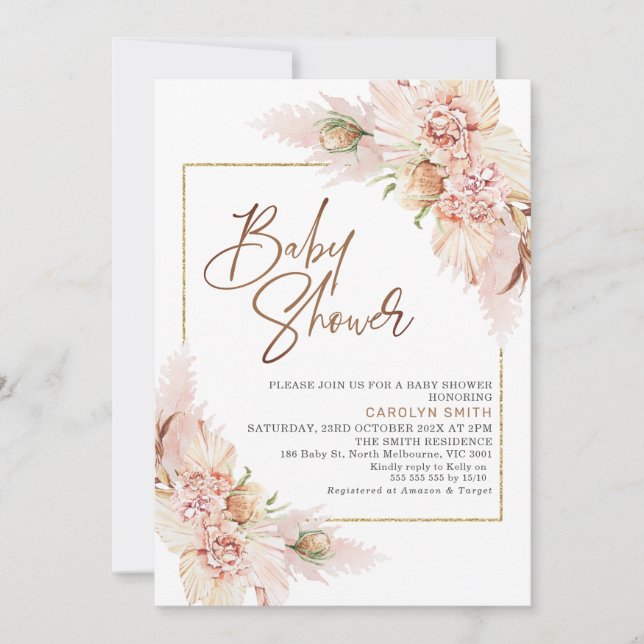 Invitation Baby shower d'arrangement floral sec Boho (Devant)