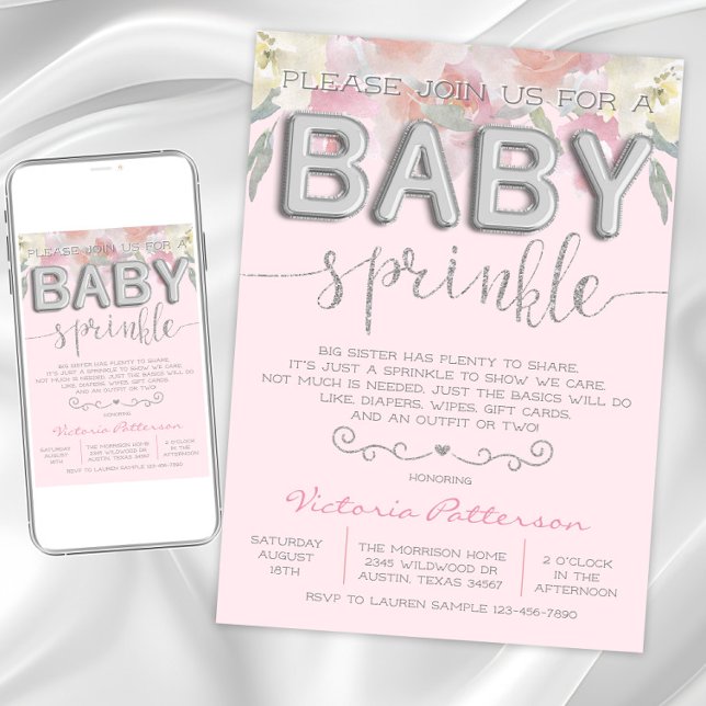Invitation Baby shower d'arrosage pour fille Ballons à huile (Pretty pink sprinkle baby shower invitation. Instant download and printed invitations available.)