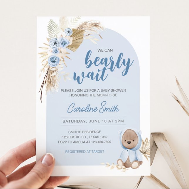 Invitation Baby shower d'attente Bearly Boho bleu (Boho Teddy Bear Baby Shower Invitation)