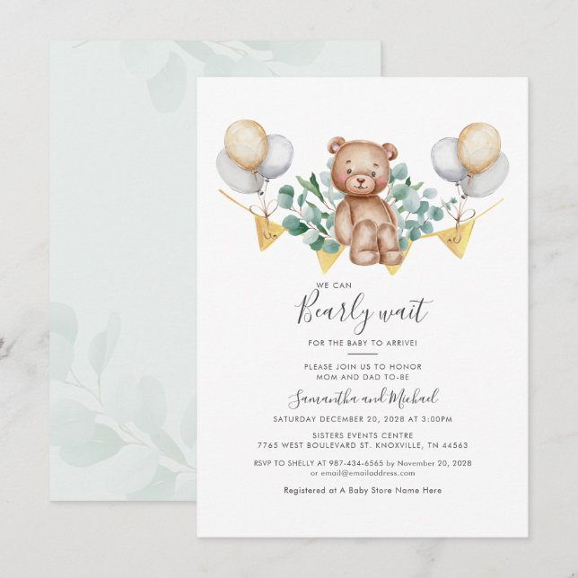Invitation Baby shower d'attente botanique de l'ours Eucalypt (Devant / Derrière)