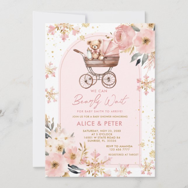Invitation Baby shower d'attente de la poussette de l'ours ro (Devant)