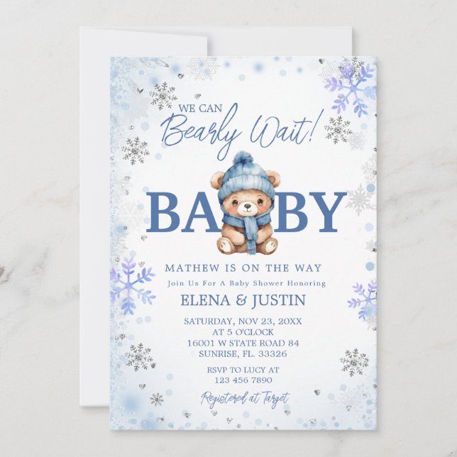 Invitation Baby shower d'attente de l'ours bleu Snowflake (Devant)