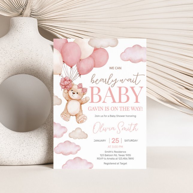 Invitation Baby shower d'attente de l'ours rose (Pink Bearly Wait Baby Bear Balloon Baby Shower Invitation
)