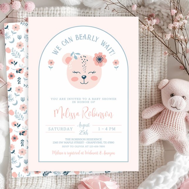 Invitation Baby shower d'attente rose bleu floral (Sweet girl bear baby shower invitation. You can change the background color on the front and back.)