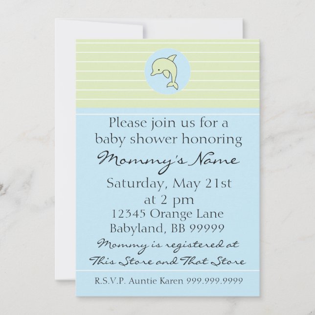 Invitation baby shower. Dauphin bleu. 12,7 cm x 17 (Devant)