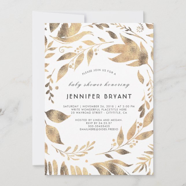Invitation Baby shower d'automne blanc et or Feuille Laurel (Devant)