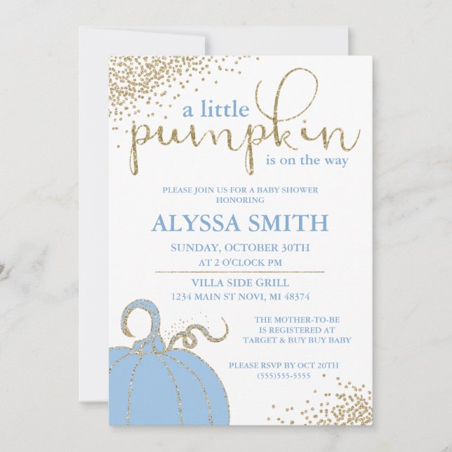 Invitation Baby shower d'automne Blue Little Citrouille Invit (Devant)