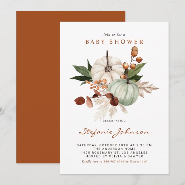 Invitation Baby shower d'automne Boho Sage Green Citrouilles (Devant / Derrière)