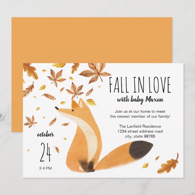 Invitation Baby shower d'automne // Chute d'amour avec Baby / (Devant / Derrière)