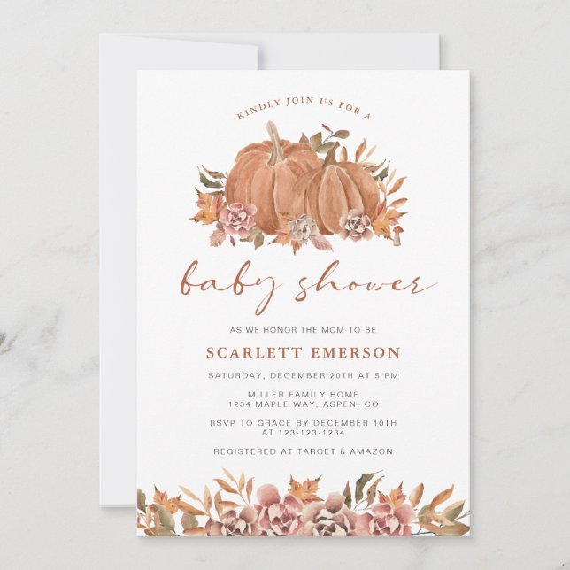 Invitation Baby shower d'automne citrouille (Devant)