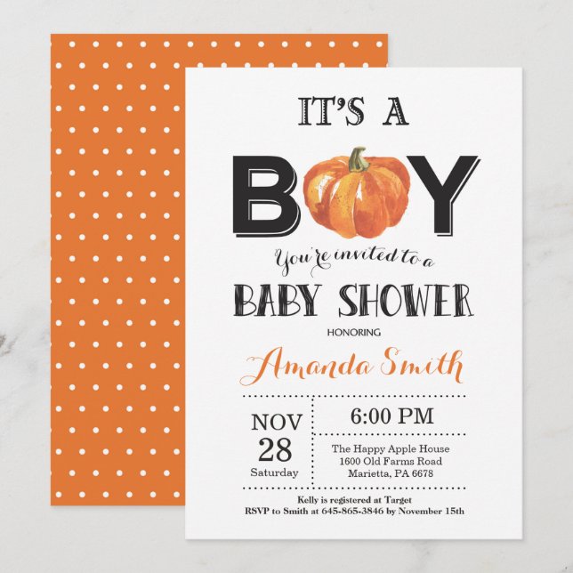 Invitation Baby shower d'automne citrouille (Devant / Derrière)