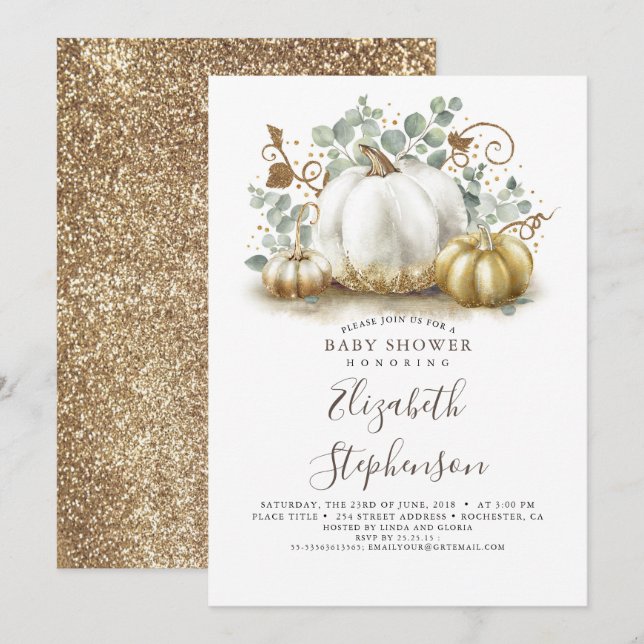 Invitation Baby shower d'automne Citrouille blanc et or (Devant / Derrière)