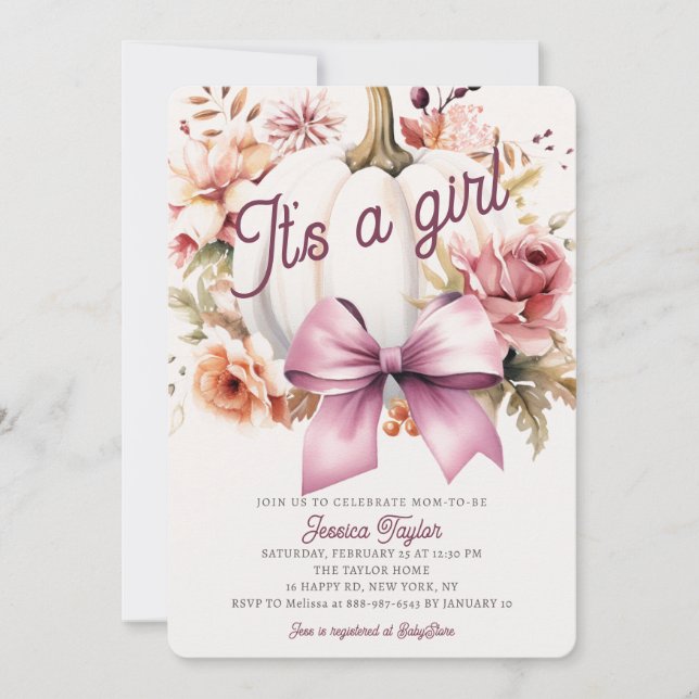 Invitation Baby shower d'automne citrouille blanc rose ruban  (Devant)