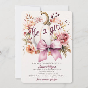 Invitation Baby shower d'automne citrouille blanc rose ruban
