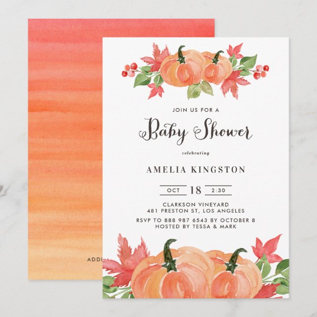 Invitation Baby shower d'automne Citrouilles d'aquarelles (Devant / Derrière)