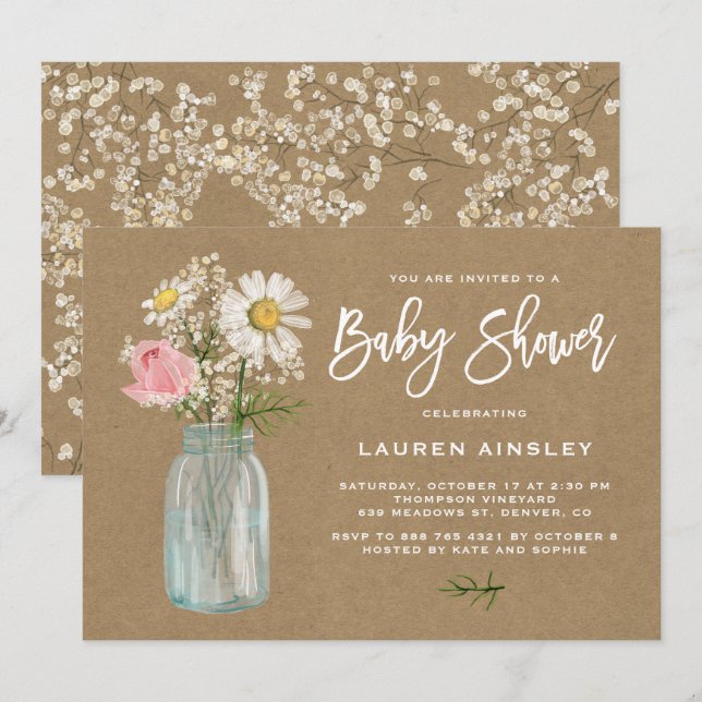 Invitation Baby shower d'automne Daisy Mason Jar Kraft Papier (Devant / Derrière)