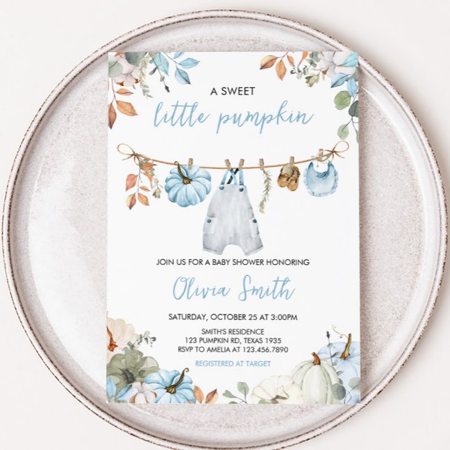 Invitation Baby shower d'automne de Blue Little Citrouille (Blue Little Pumpkin Fall Clothesline Baby Shower Invitation)