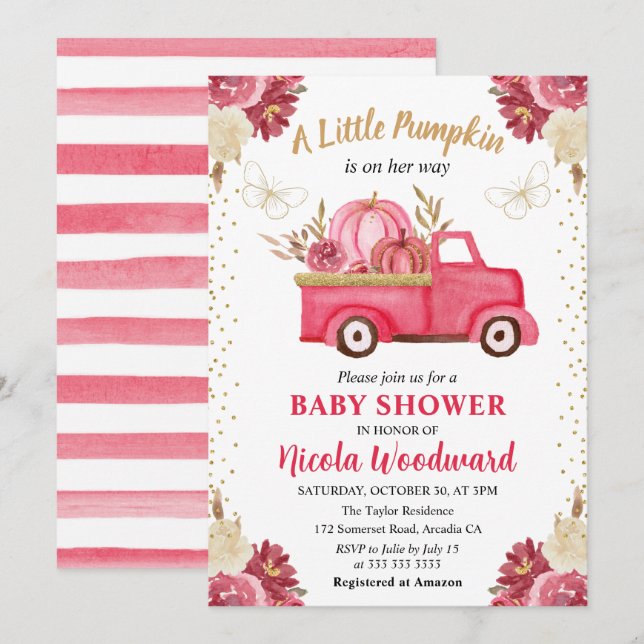 Invitation Baby shower d'automne de camion Citrouille rose et (Devant / Derrière)