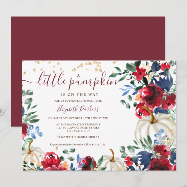 Invitation Baby shower d'automne de citrouille à fleurs borde (Devant / Derrière)