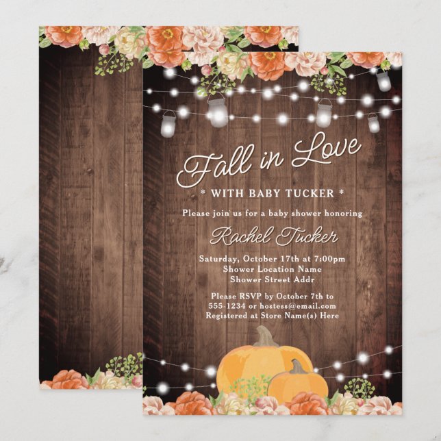Invitation Baby shower d'automne de Citrouille d'aquarelle ru (Devant / Derrière)