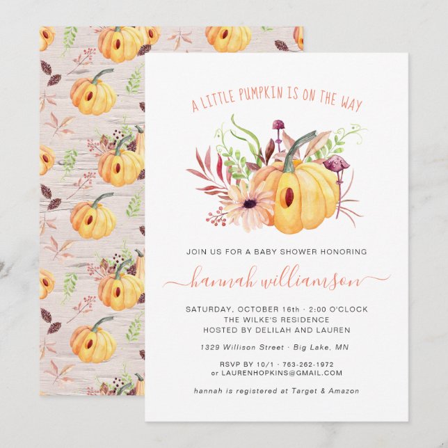 Invitation Baby shower d'automne de la petite Citrouille neut (Devant / Derrière)