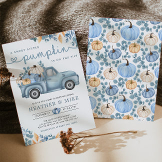 Invitation Baby shower d'automne doux Petit Citrouille bleu