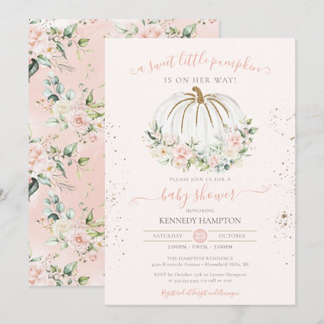 Invitation Baby shower d'automne doux petit Citrouille rose d (Devant / Derrière)