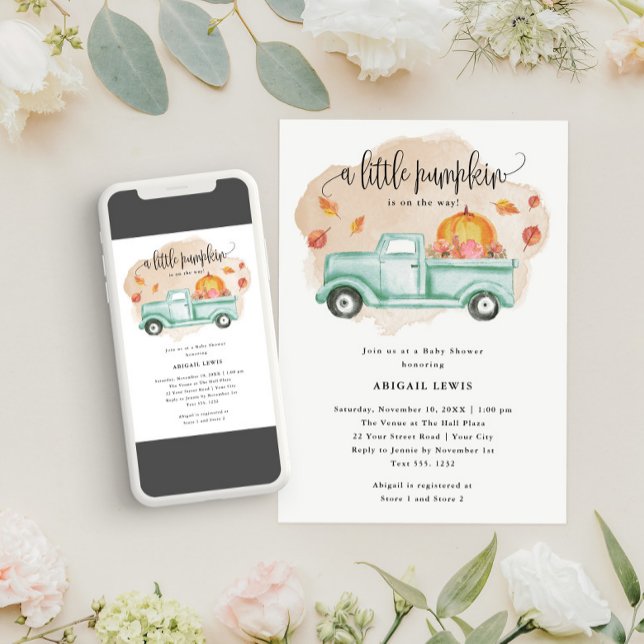 Invitation Baby shower d'automne du camion de la ferme Little (A little pumpkin is on the way! )