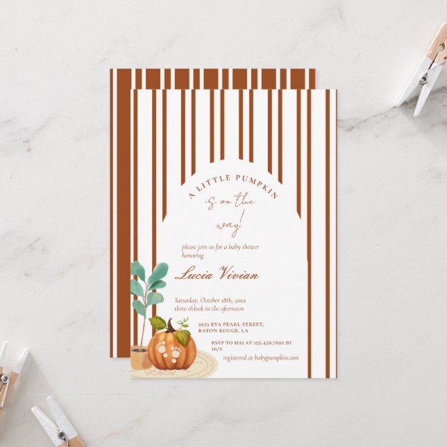 Invitation Baby shower d'automne du petit Citrouille (Devant/Arrière en situation)