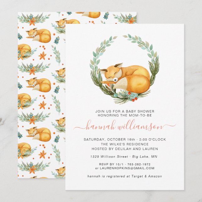 Invitation Baby shower d'automne du renard boisé (Devant / Derrière)