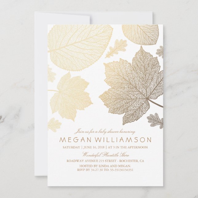 Invitation Baby shower d'automne Feuille blanc et or (Devant)