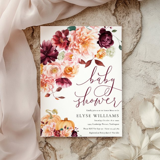 Invitation Baby shower d'automne floral Faye Burgundy (Créateur téléchargé)