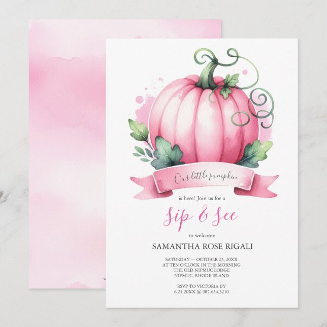 Invitation Baby shower d'automne Petit Citrouille Siroter et  (Devant / Derrière)