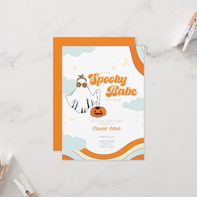 Invitation Baby shower d'automne Retro Ghost Baby shower Supe (Devant/Arrière en situation)