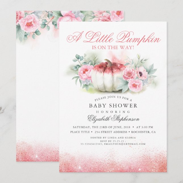 Invitation Baby shower d'automne Rose or brillant citrouille (Devant / Derrière)