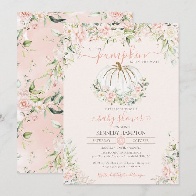 Invitation Baby shower d'automne rose pâle petit Citrouille (Devant / Derrière)