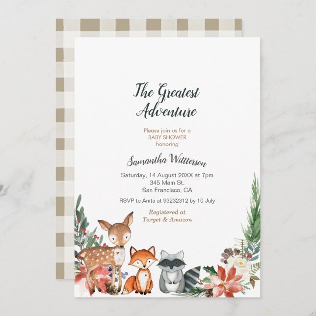 Invitation Baby shower d'aventure animale rustique (Devant / Derrière)