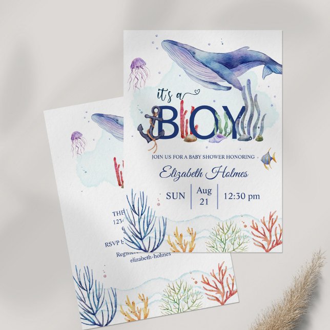 Invitation Baby shower d'aventure nautique aquarelle (Watercolor Nautical Adventure Baby Shower Invitation on table)