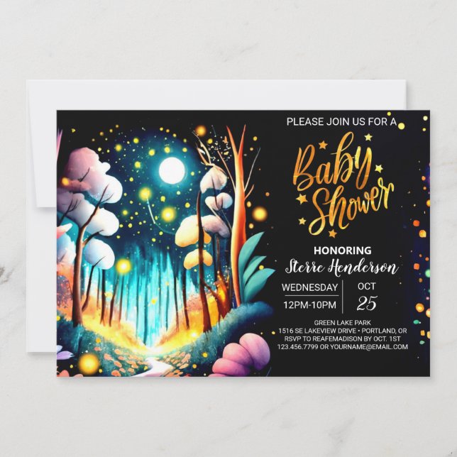 Invitation Baby shower d'aventure nocturne de lucioles (Devant)